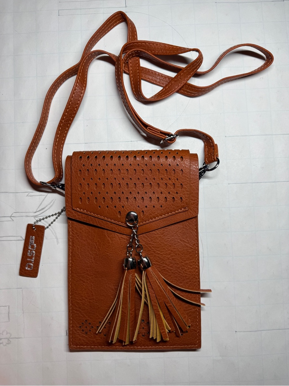 Compact Tan Crossbody Phone Bag with Tassel Detail